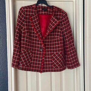 Talbots Fringe Woven Jacket Size 14 Red Black White Button Front NWOT Classic Ch